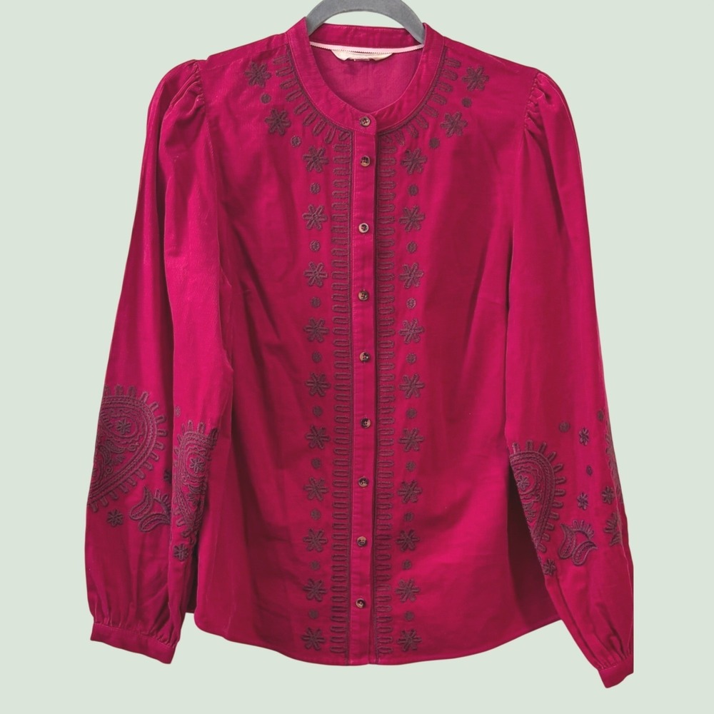 Boden Pink Corduroy Embroidered Blouse Womens 6 Magenta Long Sleeve T1722 Boho